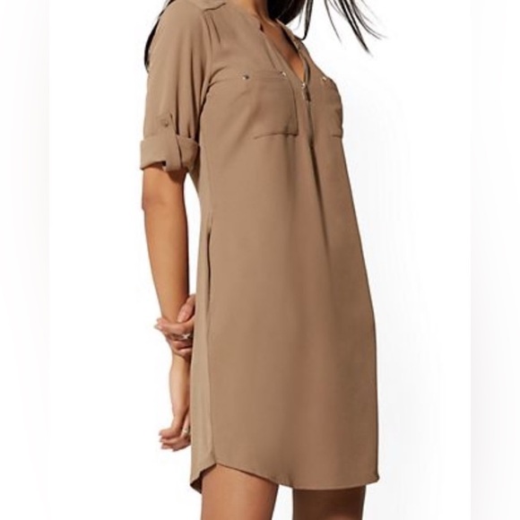 New York & Company Dresses & Skirts - New York & Company Womens Tan Brown Tunic Dress 1/4 Zip Roll Tab Small (A7)